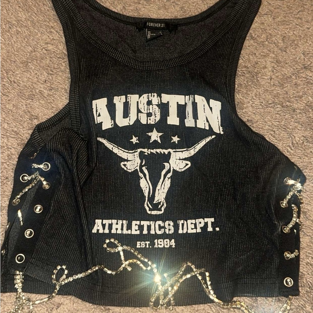 Forever 21 Black Graphic Tank with Lace-Up Sides